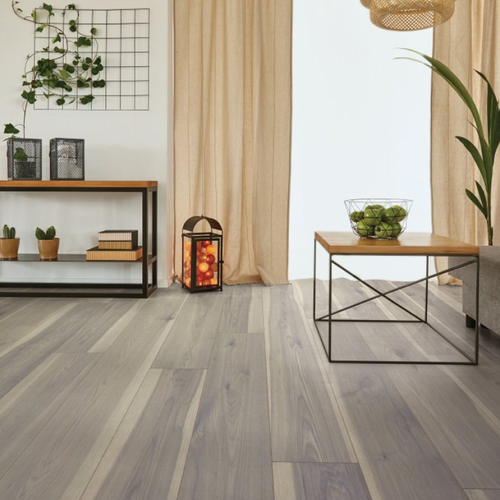 Living room with laminate flooring - Hawk Drive-Fumed Hickory